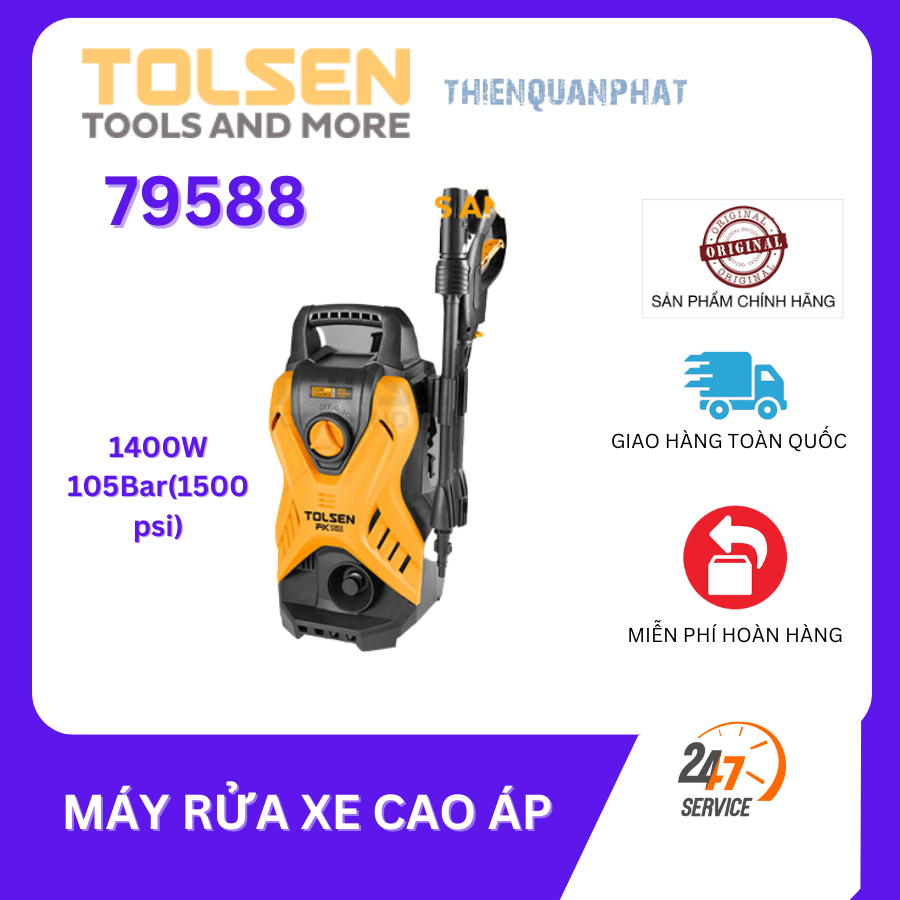 Máy rửa xe cao áp Tolsen 79588 1400W, nhỏ gọn khả năng phun mạnh mẽ áp lực cao, vòi xịt tiện lợi